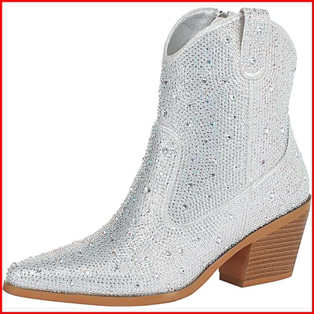 Rhinestone Cowboy Boots Chunky Heel Sparkly Ankle Boots Pointed Toe